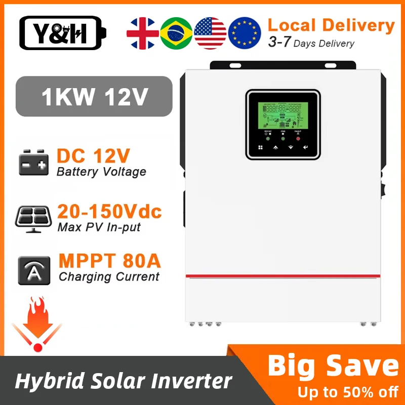 Y&H 1000W Hybrid Solar Inverter 12V 220V Pure Sine Wave Off Grid Inverter Built in MPPT 80A Solar Charge Controller