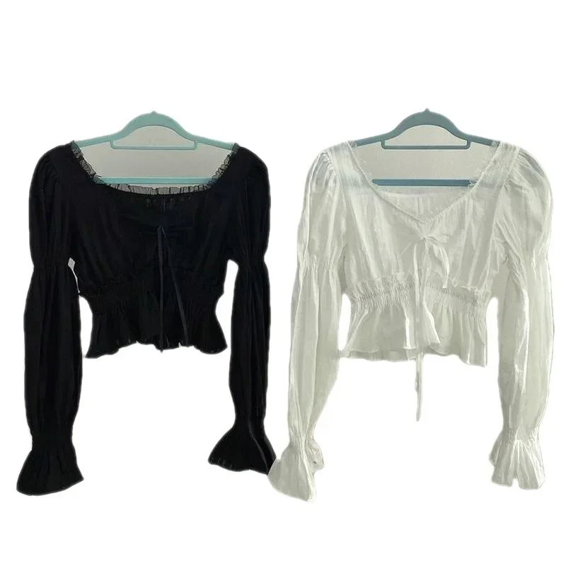Chiffon Blouse Women Spring Summer Puff Sleeve Lace Up Ruffles Shirts Female Korean Fashion Preppy Style Sweet Tops Lady 2025
