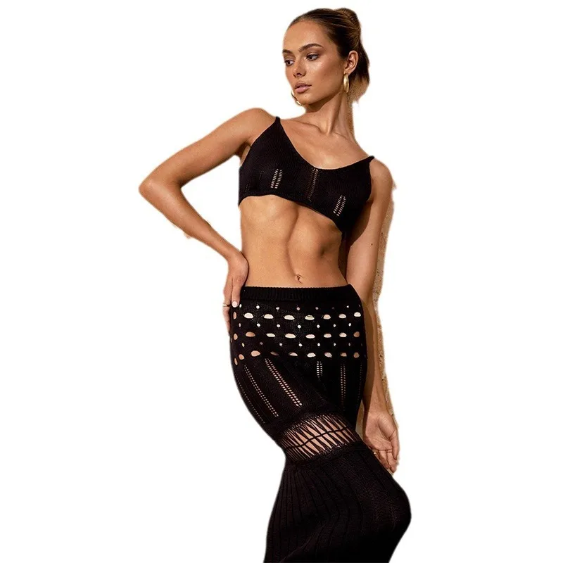 2024 zomer nieuwe strandset dames effen kleur sexy gebreide holle bikini badpak hoodie zonnebrandcrème kleding