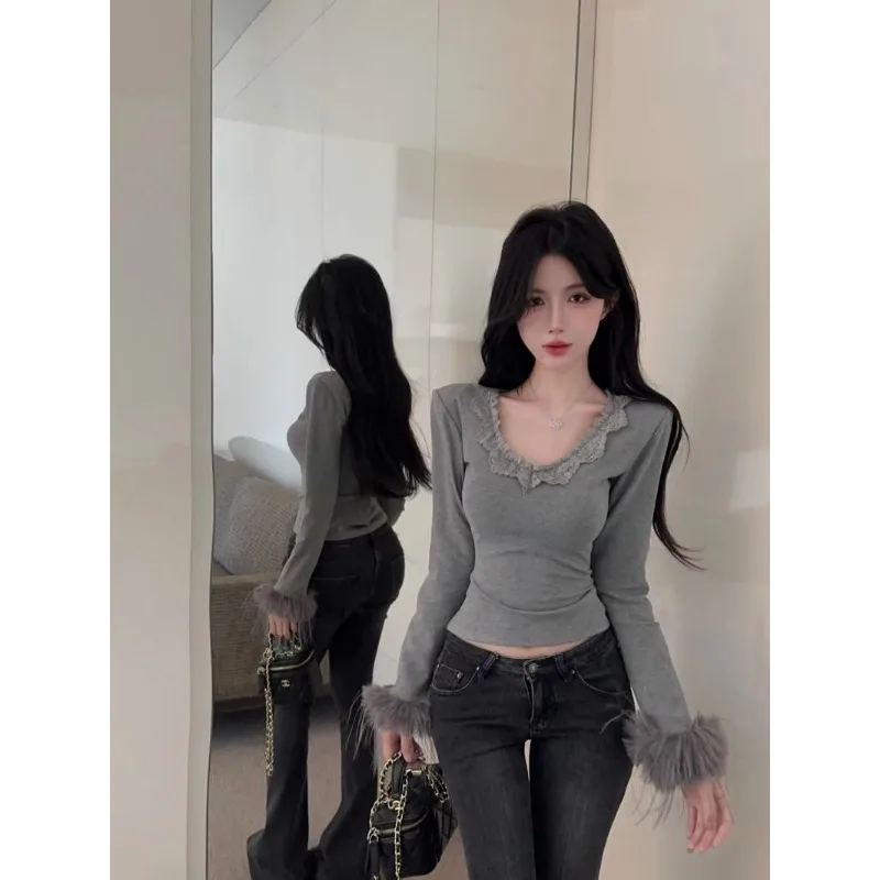 French Lace Splicing Furry Sleeves V-neck Slim Fit and Versatile Slimming Bottoming Shirt for Women