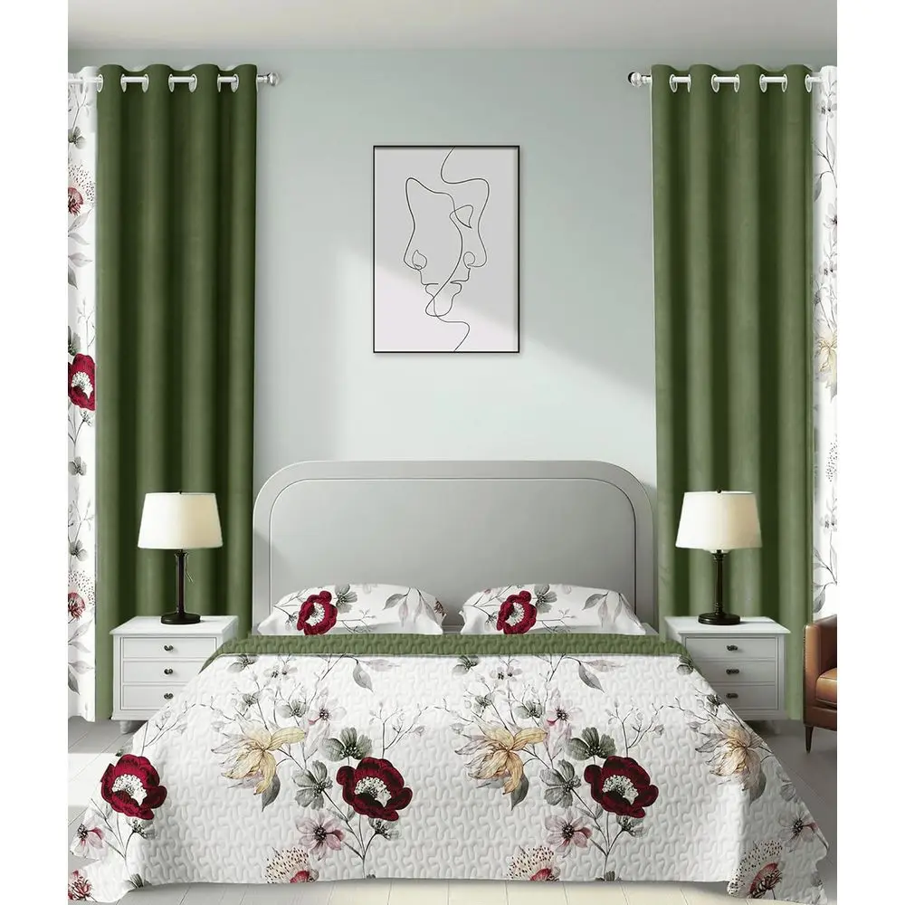 9-Piece Bohemian Green Floral Queen Comforter Set with Curtains, Brushed Microfiber Bedspread for Master Bedroom, Machine Washab