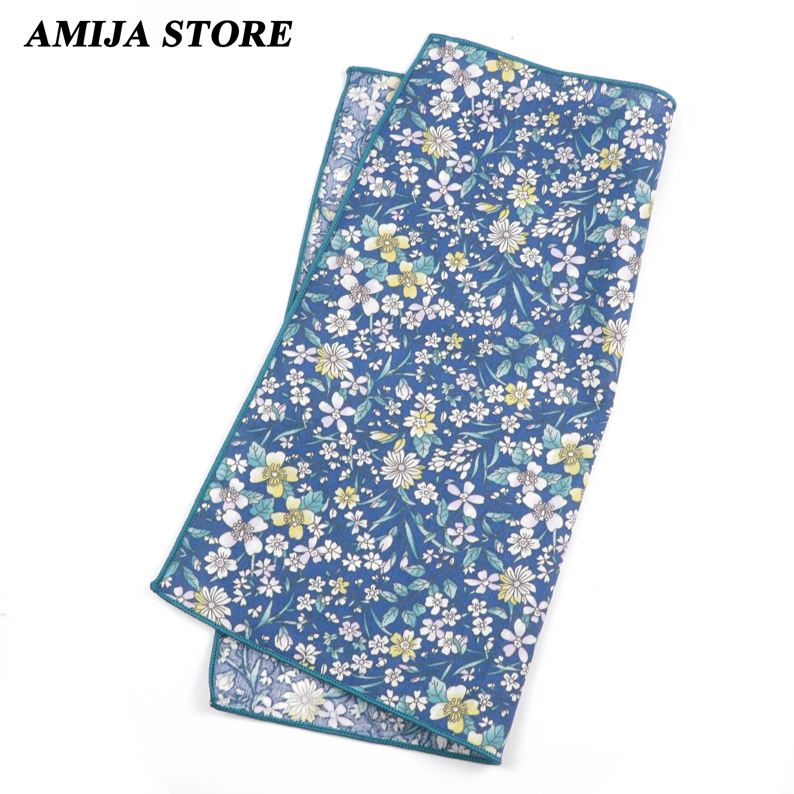 Fashionable Men's Floral Flower Cotton Handkerchief Lovely 25cm Green Blue Printed Scarf Shirt Daily Suit Accessories Wedding Gi