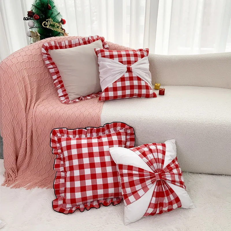 

45x45cm Christmas New Year Decorative Throw Pillow Cover Sofa Living Room Cushion Cover Red Grid Bow Soft Pillowcase Home Decor