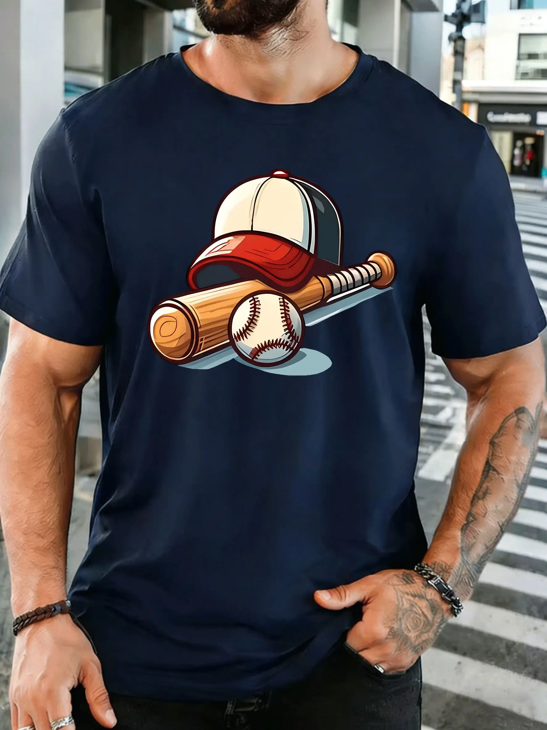 Men Short Sleeve T Shirt Baseball Bat Cap Ball Graphic Tee Sport Print Tops Summer Soft Cotton Casual Street Wear For Adult Male