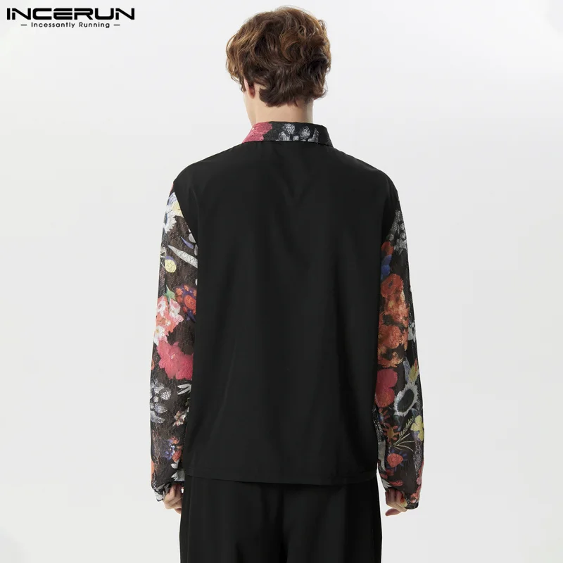 INCERUN Tops 2024 Fashion Men's Lace Floral Printed Shirts Casual Streetwear Cross Tie Design Long Sleeved Cardigan Blouse S-5XL