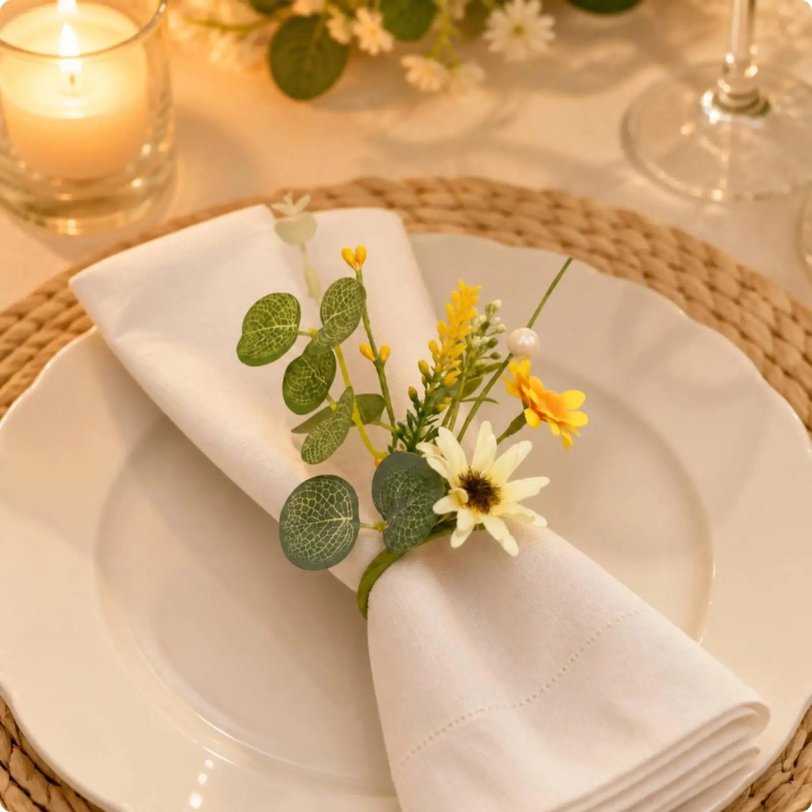 Green Eucalyptus Daisy Napkin Ring Holder for Wedding Reception Table Decor with Pearl Bead Accents Lightweight Foam