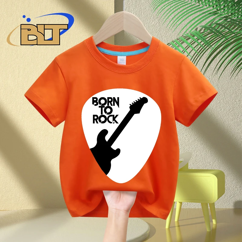 Guitar Born To Rock Printed Kids T-Shirt Summer Children\'s Cotton Short-Sleeved Casual Tops Boys and Girls Gifts