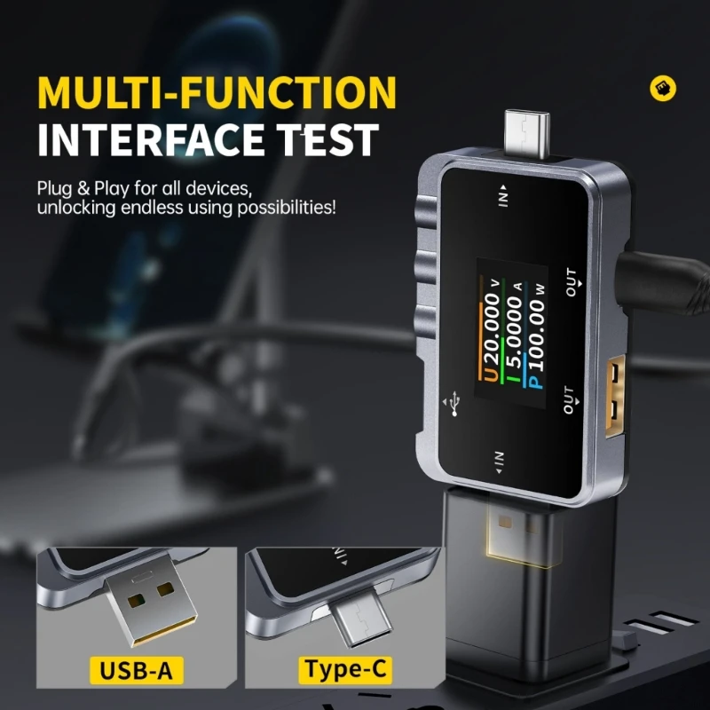 Versatility USB And Type C Electrical Tester Digital Voltmeter Ammeter With Fully Color Screen For Device Testing Tool F19E