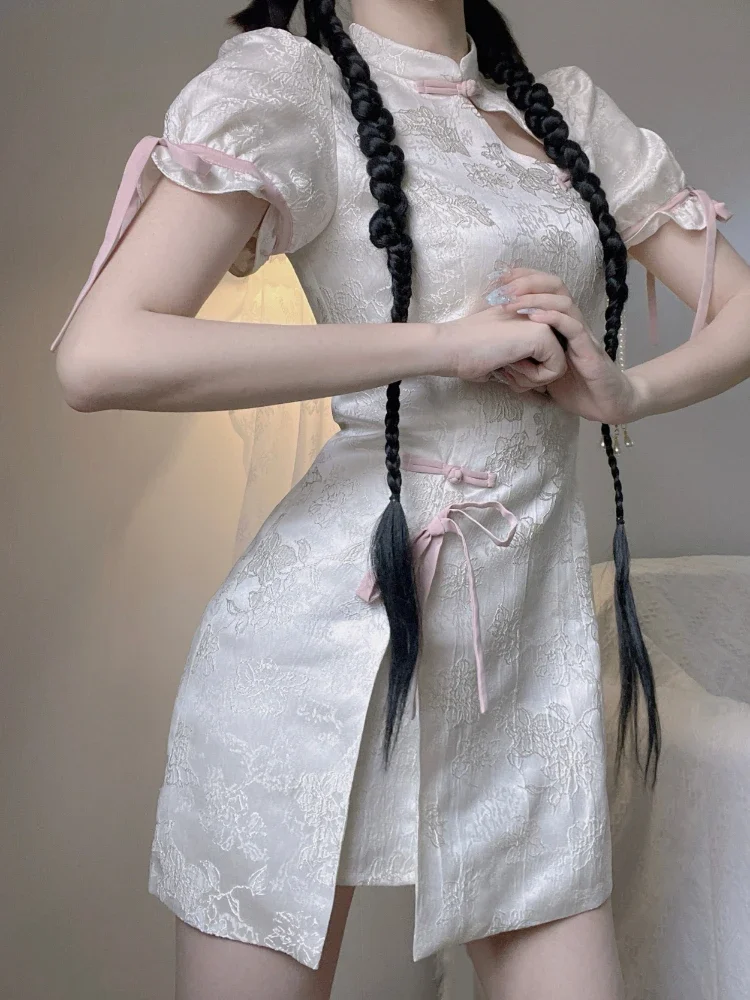 

Sweet Harajuku Cheongsam Dress Women Floral Bow Bandage Lolita Dresses Y2k Aesthetic Puff Sleeve Adult Sexy Party Clothes