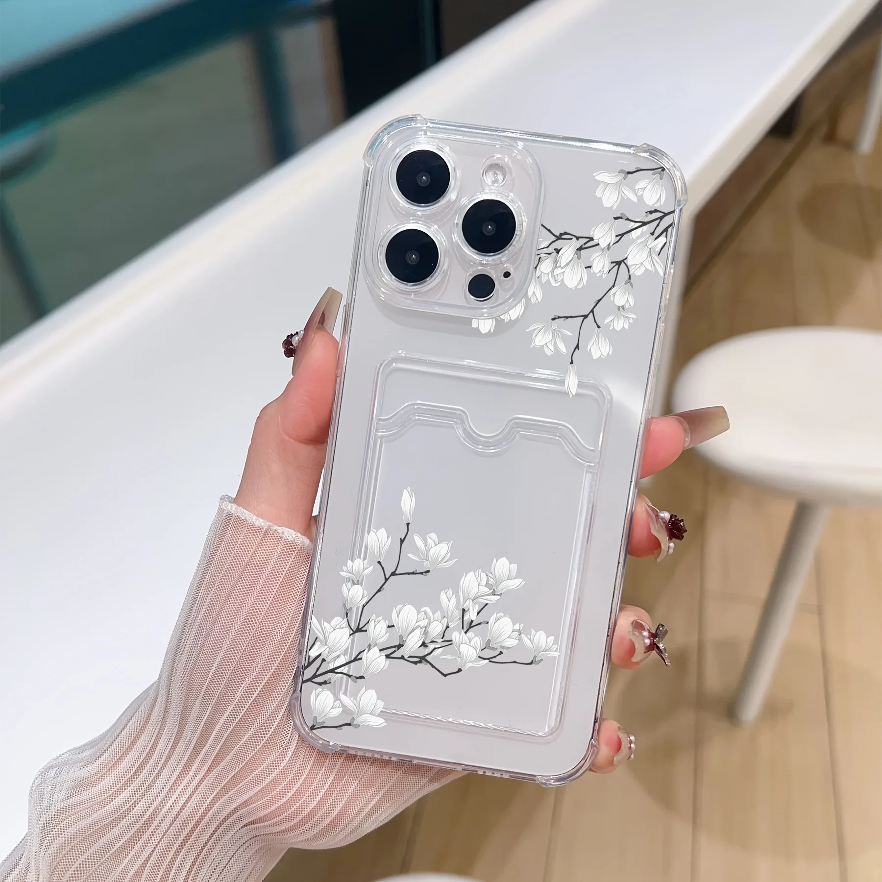 Étui de téléphone transparent et minimaliste avec emplacement pour carte pour iPhone 17 16 Pro Max 15 14 13 12 11 XS X XR 7 8 Plus SE 2022, motif floral