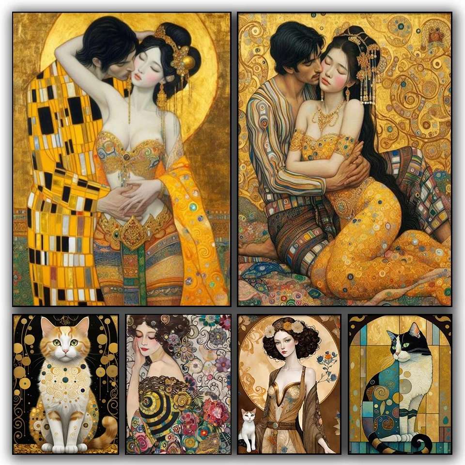 

Gustav Klimt Золотая влюбленная леди Кот 5d алмазная живопись мозаика вышивка бижутерия вышивка крестиком полная фотография Diy домашний декор