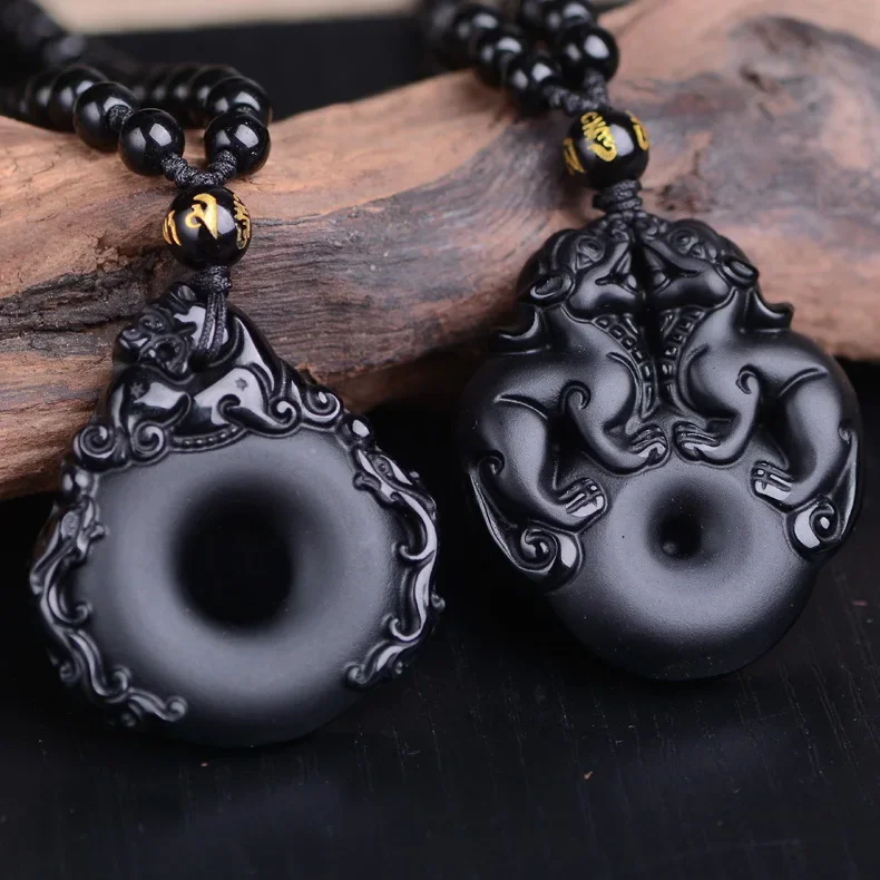 

Natural Obsidian Safety buckle Dragon Pendant Pixiu Necklace Charm Jewellery Fashion Hand-Carved Amulet Man Luck Gifts