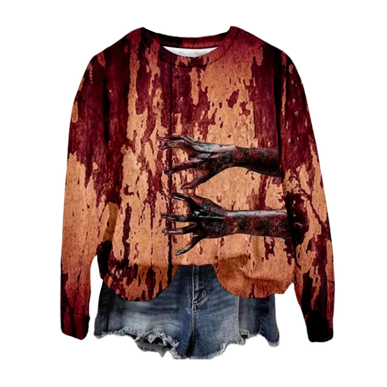 2024 New Women'S Halloween Hoodie Blood Print Personality Fashion Trend Pullover Round Neck Long Sleeve Thin Pullover Top