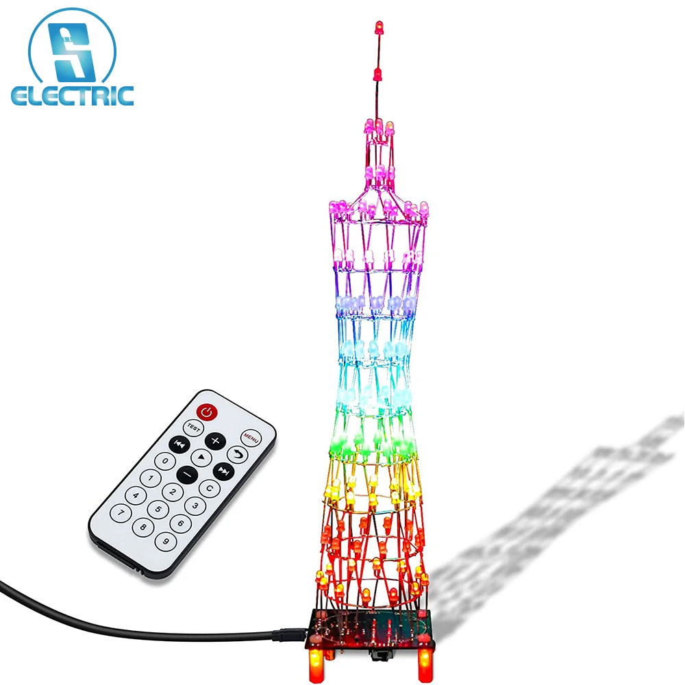 

9-Layers RGB LED Flashing Tower DIY Electronic Soldering Practice Kit LED Automatic Animation Mode Audio Spectrum Mode