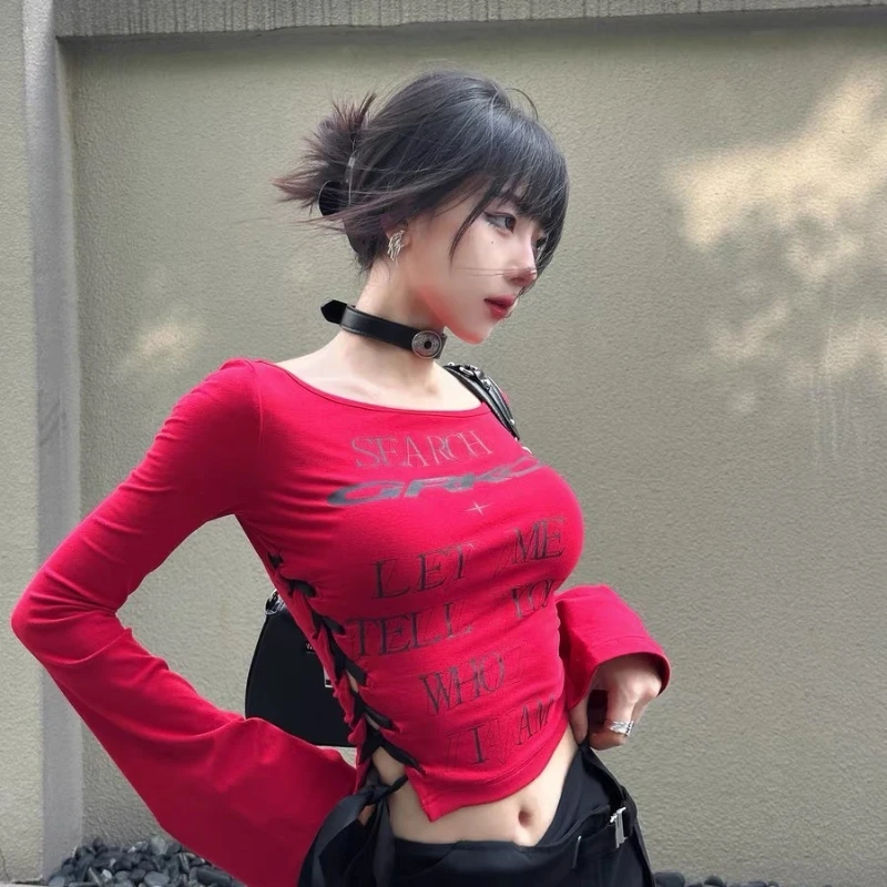 T-Shirts Women Oblique Shoulder Lace-up Design Slim Fit All-match Sweet Sexy Girls Korean Fashion Spring Autumn Crop Tops Casual