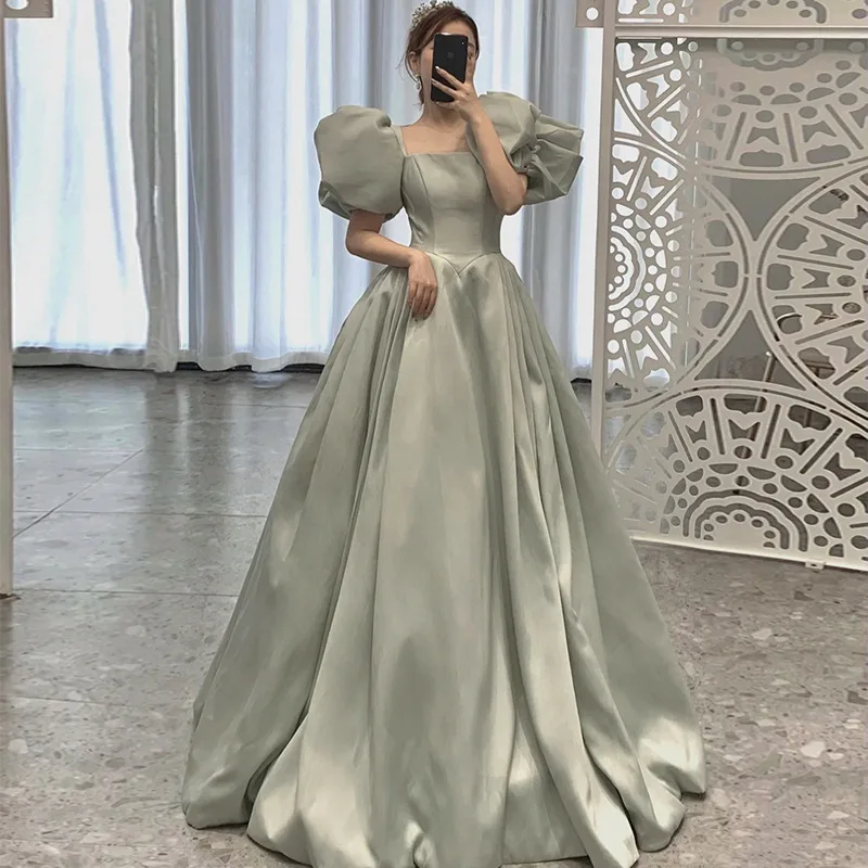 Women French Green Prom Party Night Dresses Elegant Square Neck Formal Long A-line Evening Gowns Vestidos Robe De Soiree