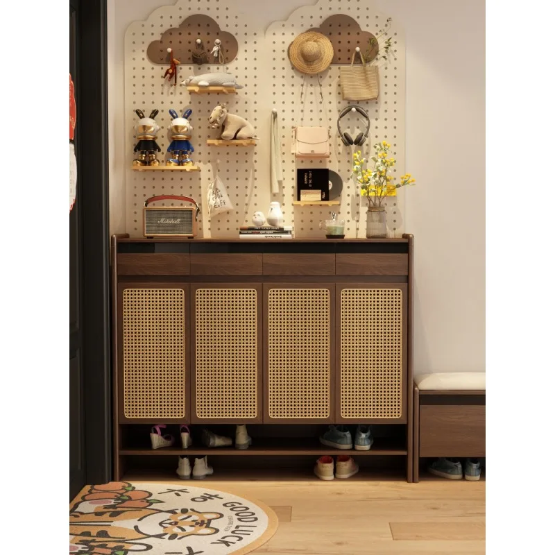 Solid wood rattan shoe cabinet household storage locker integrated