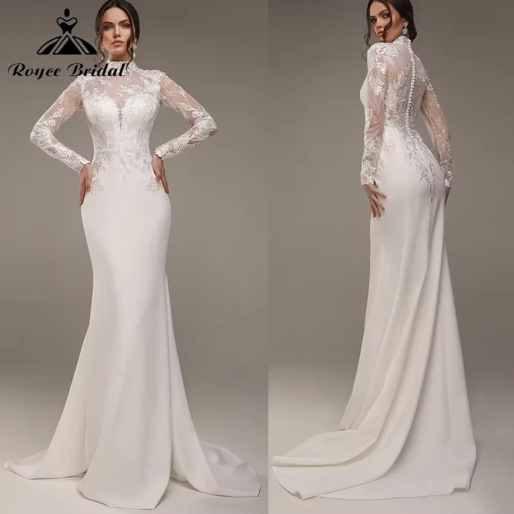 Satin-Brautkleid, böhmisches Meerjungfrau-Hochzeitskleid, Schleppe, lange Ärmel, Spitze, luxuriöses