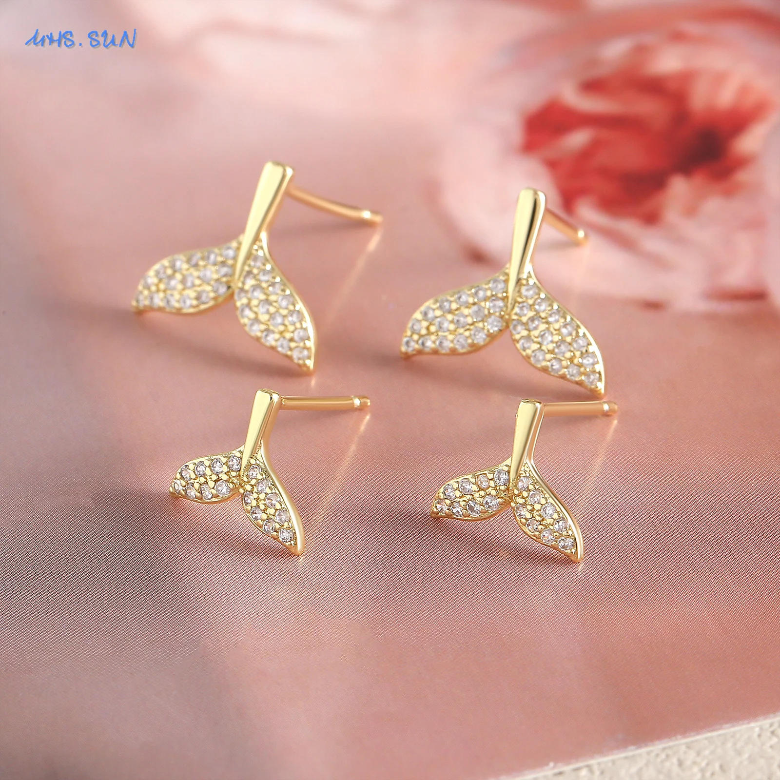 MHS.SUN New Shiny Zircon Fishtail Stud Earrings Gold Color Tiny Whale Mermaid Tail Earrings For Women Wedding Jewelry Party Gift