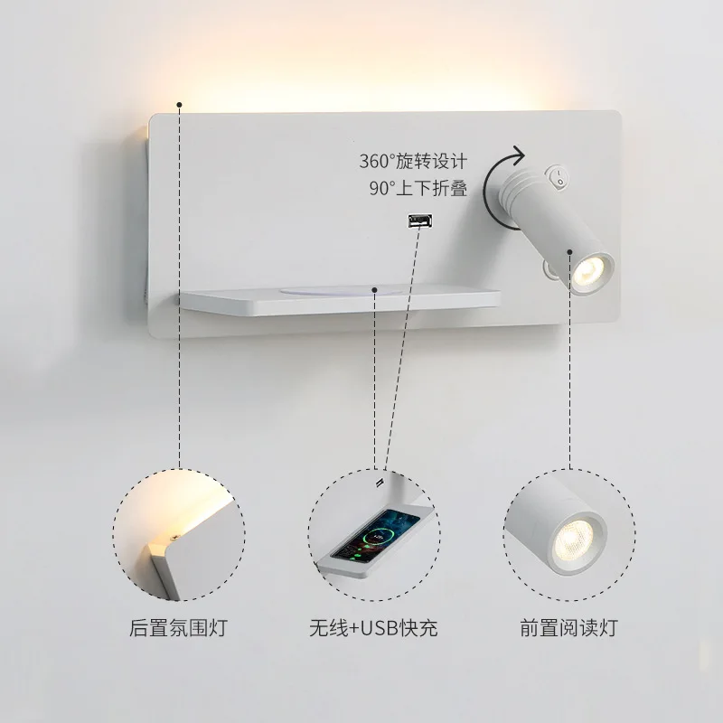 Imagem -06 - Diodo Emissor de Luz da Parede Interior Lâmpada de Parede Leitura do Telefone Móvel Carregamento sem Fio e Carregamento Usb Luzes Parede Quarto Lâmpadas Cabeceira