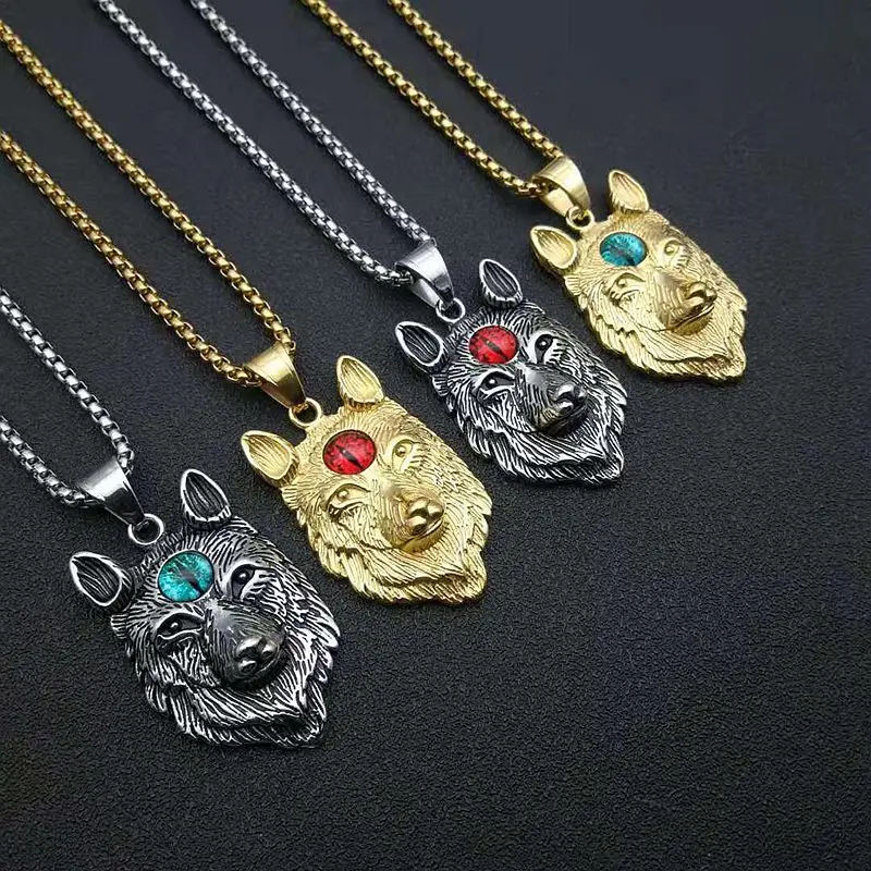 

Nordic Viking Punk Vintage Jewelry Steel Polished Gold Plated Ice Field Wolf Totem Pendant Necklace