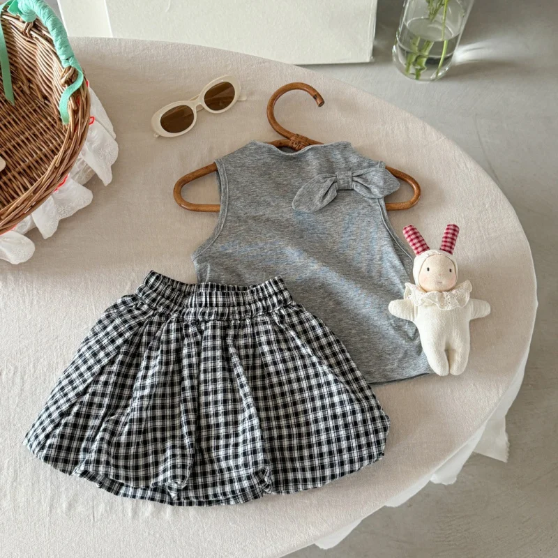 

Girls' summer suits2025New Sweet Bow Vest Children's Lace Flower Bud Skirt Two-Piece Set