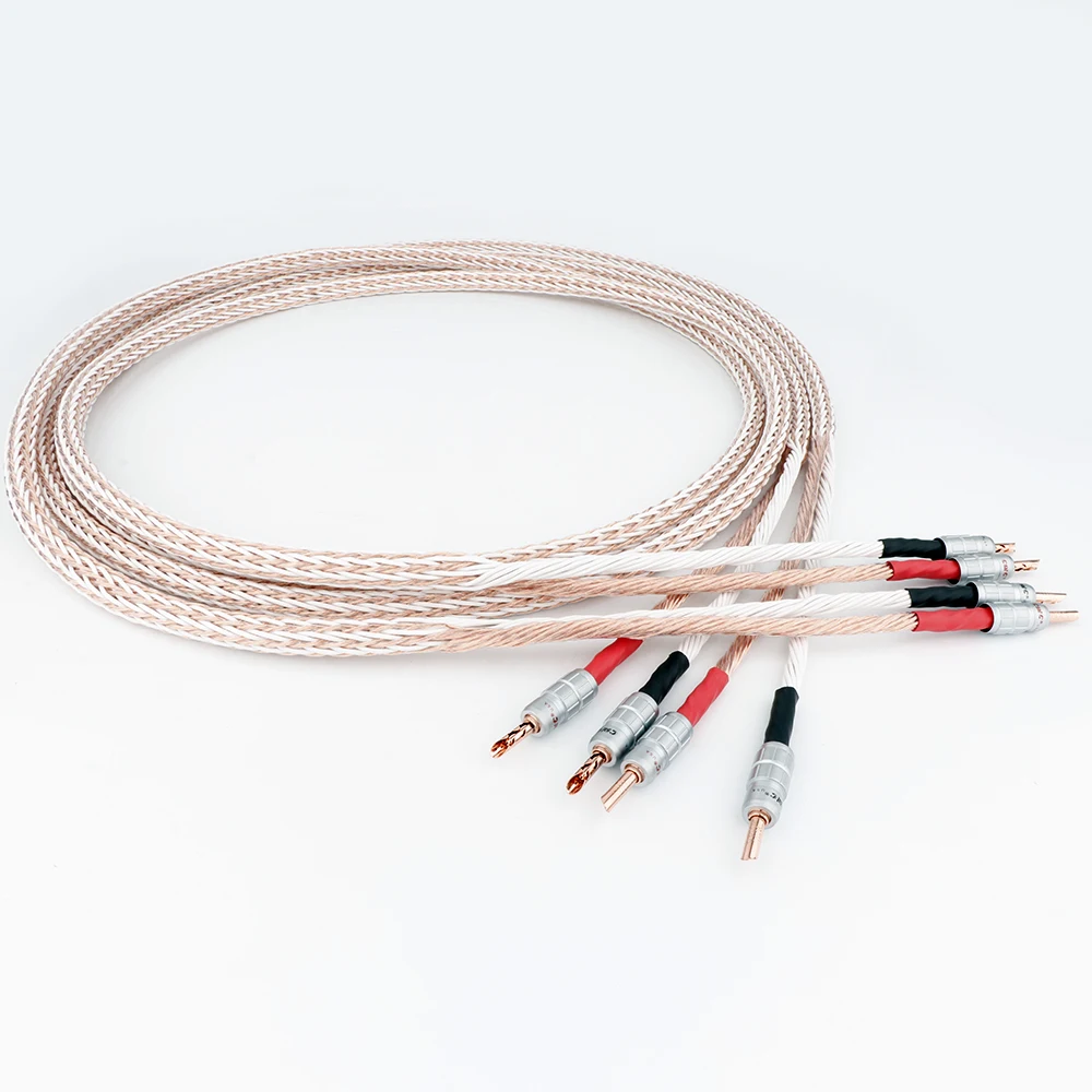 Preffair 12TC-Lautsprecherkabel Hi-End 7N OCC Kupfer-Bit-Draht-Lautsprecherkabel mit 2 Spaten-Buchsen auf 4 Bananen-Lautsprecherkabel für Audioverstärker 3