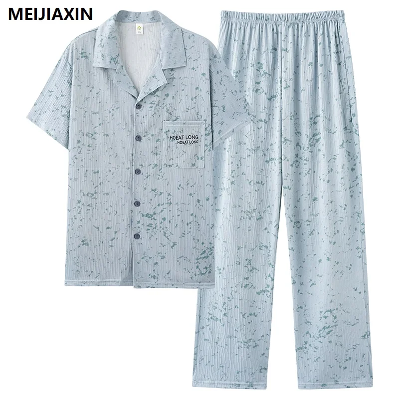 

Летний хлопковый мужской пижамный комплект с короткими рукавами, мужская одежда для сна с принтом, кардиган с отложным воротником, мужские пижамы L-4XL