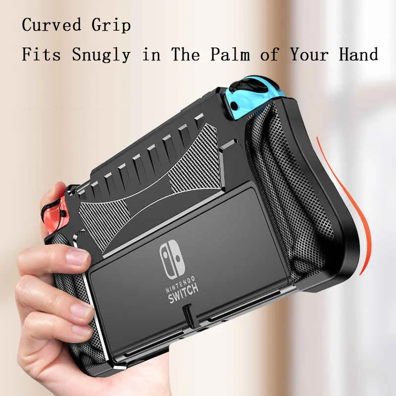 Funda protectora acoplable para consola Nintendo Switch OLED 2021, carcasa de silicona suave, cubierta de agarre texturizada de fibra de carbono para Joycon