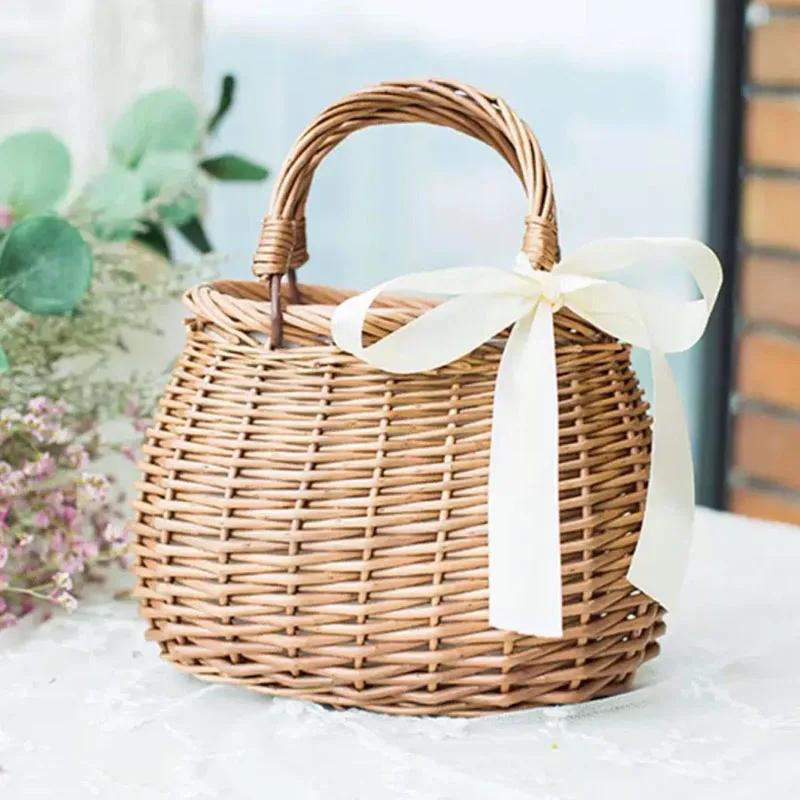 Rattan Bag Home Camping Storage Bag Shopping Tote Furit Flowers Sundries Bucket Ladies Drawstring Pouch Handmade Basket