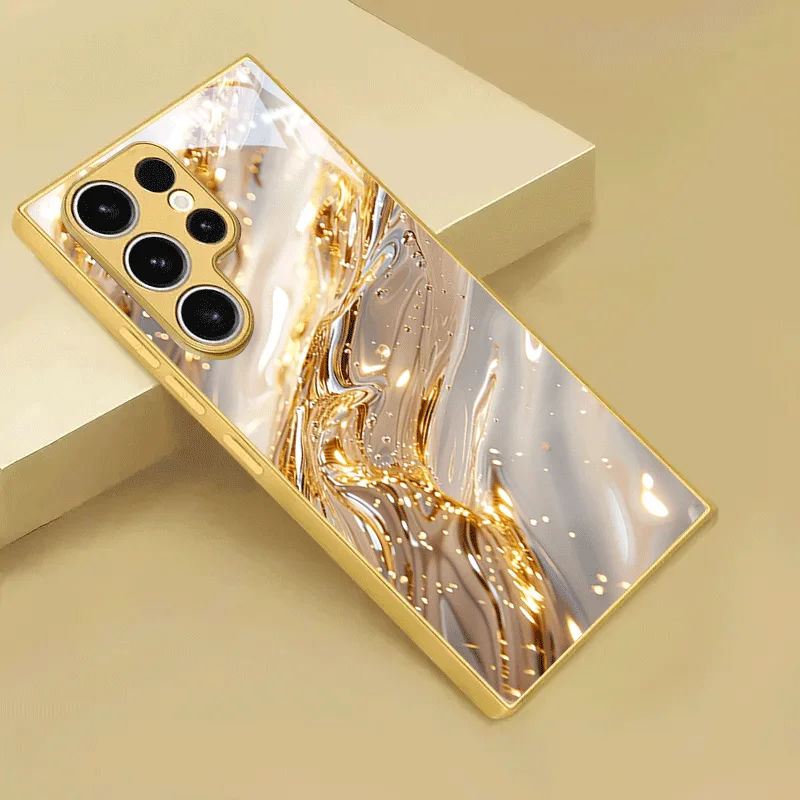 Golden white ripple sparkling pattern glass phone case suitable for Samsung GalaxyS26 S25 S24 S22 S21 S20FE/Ultra/Plus anti drop