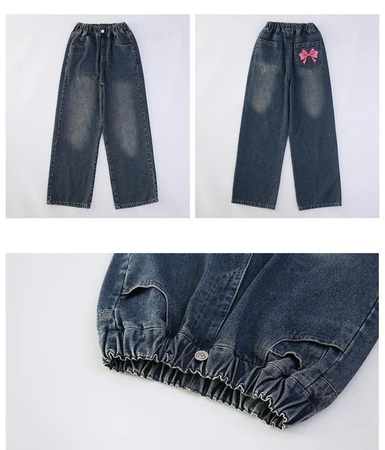 Schmal geschnittene Schulmädchen-Jeans mit Schleifen an den Gesäßtaschen, Kinder-Frühlings-Vintage-Denim-Hose mit Schleife, lässige Kinderhose – Detail 7
