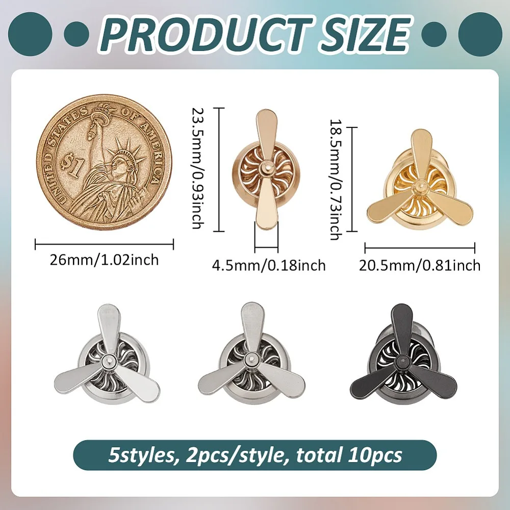 10Pcs 5 Styles Zinc Alloy Pin Brooches Airplane Propeller Mixed Color 18.5~23.5x4.5~20.5mm 2pcs/style