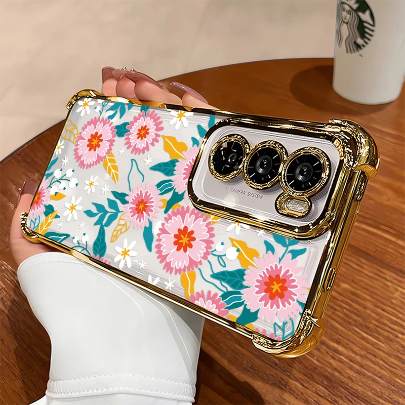 

Flower Painting Phone Case For OPPO F19 F17 Pro F19S F29 F27 F25 F21 Shockproof Soft Silicone Clear TPU Plating Bumper Cover