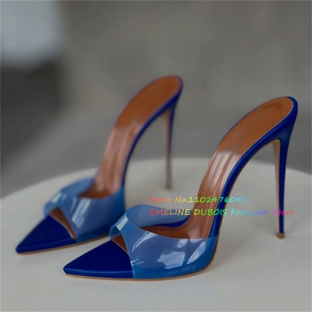 

Blue Pvc High Heel Mules Women Pointy Toe Stiletto Heel Slip On 2025 Summer New Solid Color Slingback Party Dress Slippers
