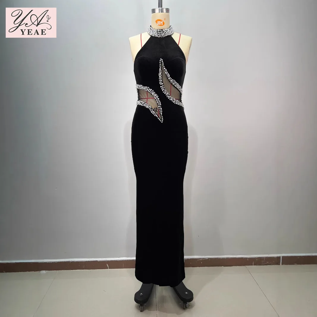 

Черное бархатное бандажное платье 2025 года, женское платье из прозрачной сетки с высоким воротником и бисером