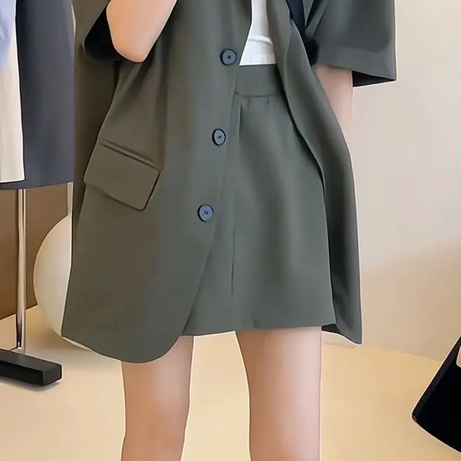 Blazer Skirt Suit Summer Vintage Women Gray Casual Loose Blaser Jackets Solid Short Skirt Outfits Female Korean Fashion 2 Pieces