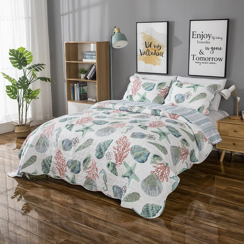 CHAUSUB Marine Style Printed Cotton Quilt Set 3PC Bedspread on the Bed with Pillwocase Queen Size Summer Bed Cover Coverlet