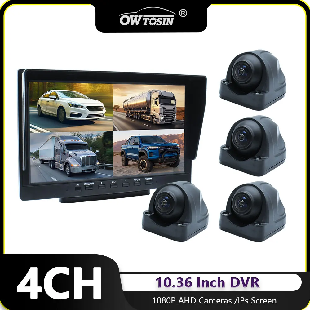 HD 4CH Car Monitor Recording DVR AHD 1920x1080P 10.1 Inch IPS Screen IR Night Vision Vehicle Camera Truck Bus Trailer Pickups