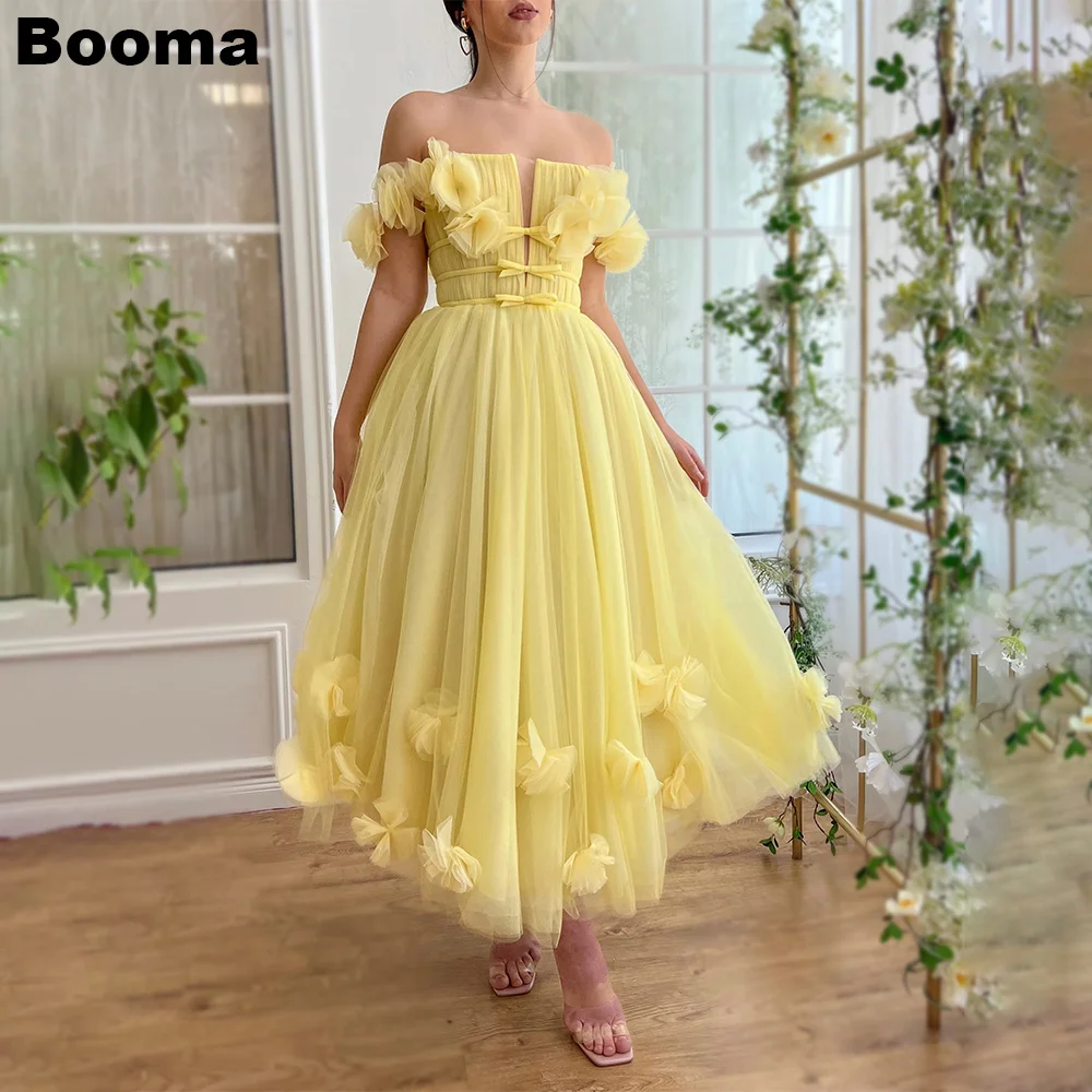 Booma Yellow A-Line Prom Dresses Off Shoulder 3D Flowers Hoemcoming Party Gowns for Women Tea-length Evening Dresses