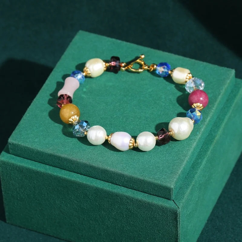 

Vintage Pearl Bracelets Colorful Crystal Beads High New Antique Gold Plated Natural Stone Woman Jewelry Dating Wrist Accessories