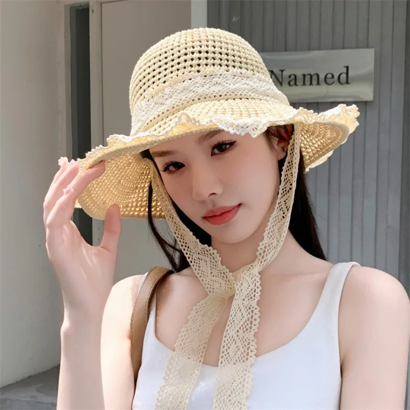 

Hat for shading, fresh for beach in summer, women's summer sun protection lace sun hat, sun hat foldable large-brimmed straw hat