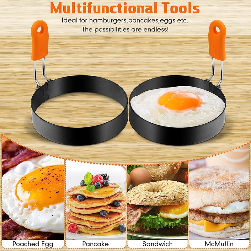 LMETJMA Egg Rings Pancake Mold Set Set Stainless Steel Fried Egg Ring Griddle Pancake Shapers with Silicone Handle JT195