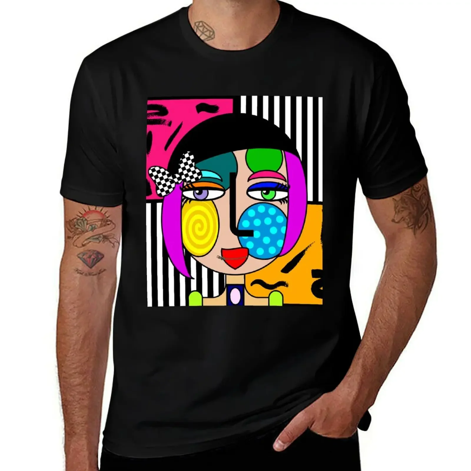 Funky Abstract Style Art Girl with Hat and Bow T-Shirt valentines boutique clothes aesthetic clothes mens t shirts pack