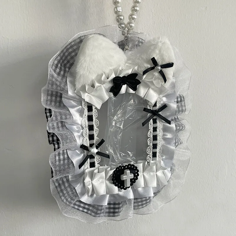 Fluffy Lace Card Holder with Pearl Chain Ruffled Edge Bowknot Bus Card Sleeve Id Bank Credit Card Holder Protector Stationery