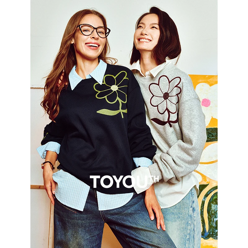 TOYOUTH Women Fleece Hoodies Sweatshirt 2024 Autumn New Floral Round Neck Long Sleeve Pullover Tops