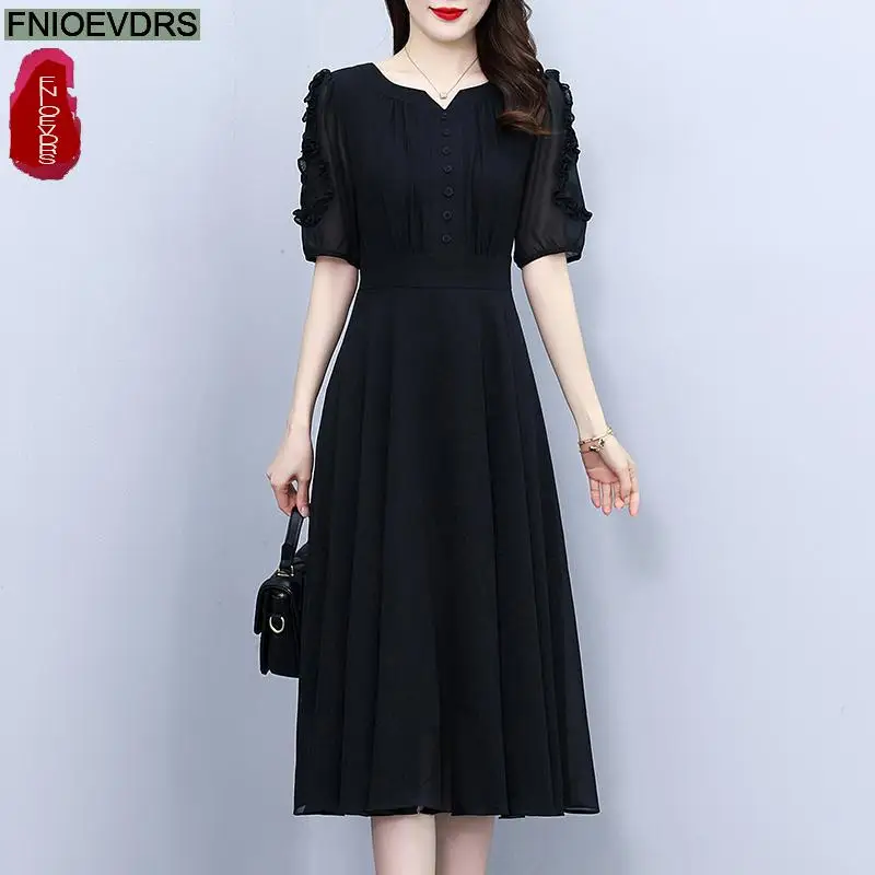 느슨한 옷 여성 2025 여름 패션 사무실 레이디 기본 버튼 프릴 레트로 빈티지 레이디 우아한 블랙 셔츠 드레스