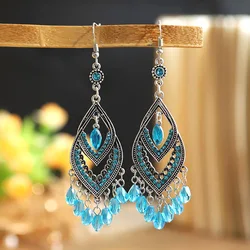 Vintage Chinese Style Crystal Bead Tassel Earrings for Women Long Elegant Hollow Rhinestone Dangle Silver Color Earring Jewelry