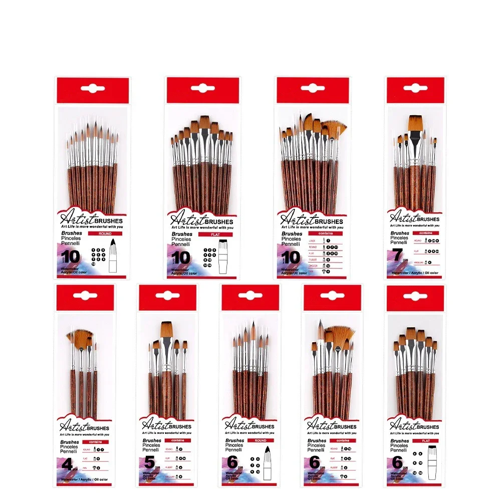 4/5/6/7/10pcs multifunctional art set paint flat head DIY oil painting acrylic fan-shape brown short wooden rod watercolor brush