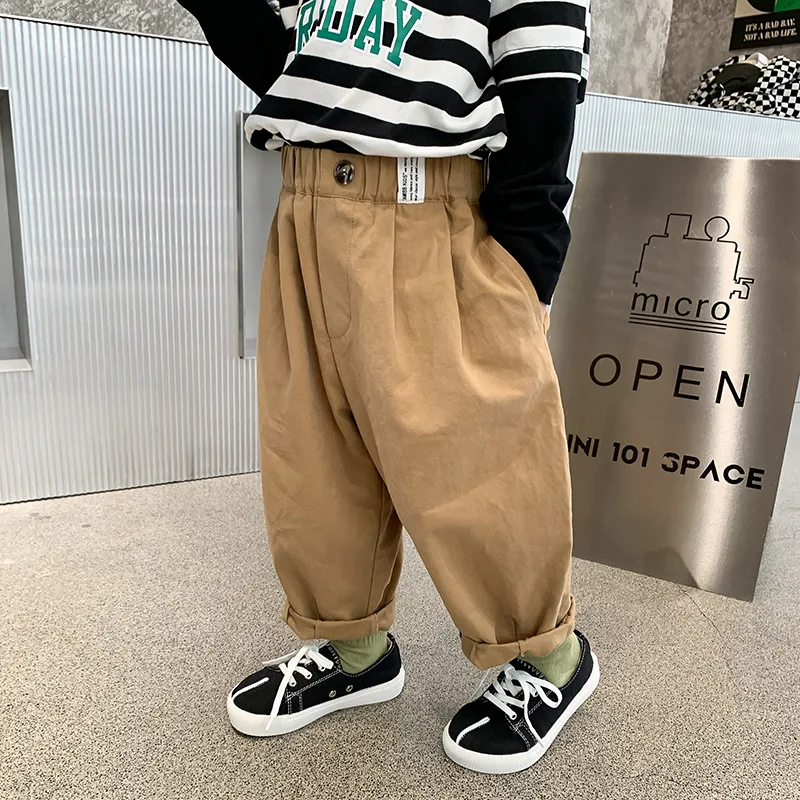 

2024 Autumn New Kids Pants a button labeled casual pants Boys and girls cotton 3 colors loose Hip Trousers